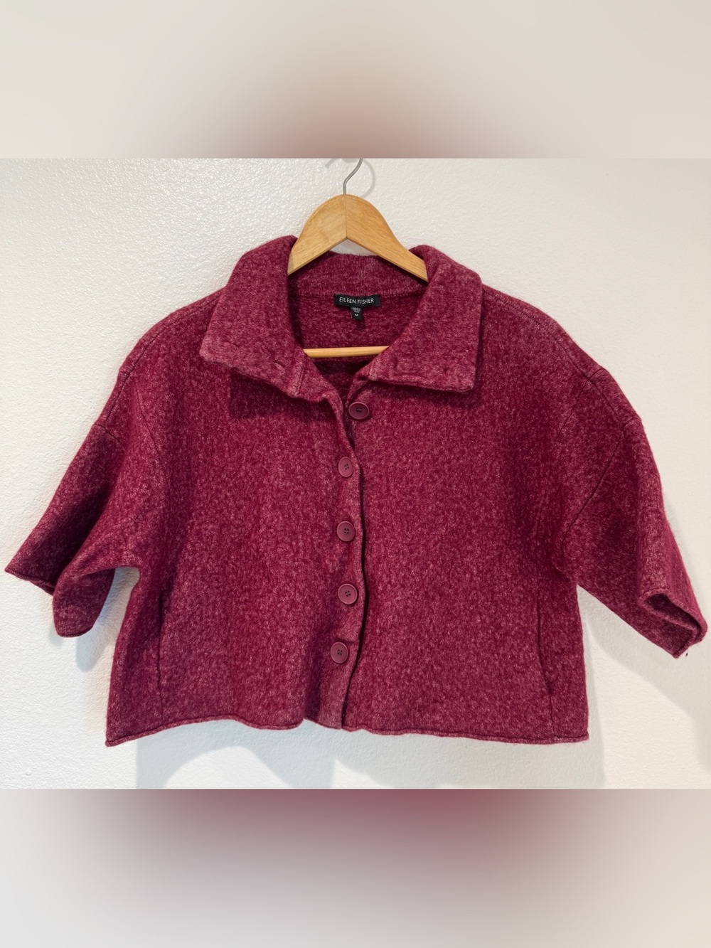 Eileen Fisher Felted Lambswool Cotton Short Sleeve Boxy Cropped Jacket Berry M